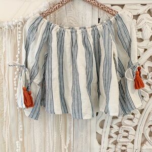 Tularosa Blue Striped Off-Shoulder Blouse with Orange Tassels